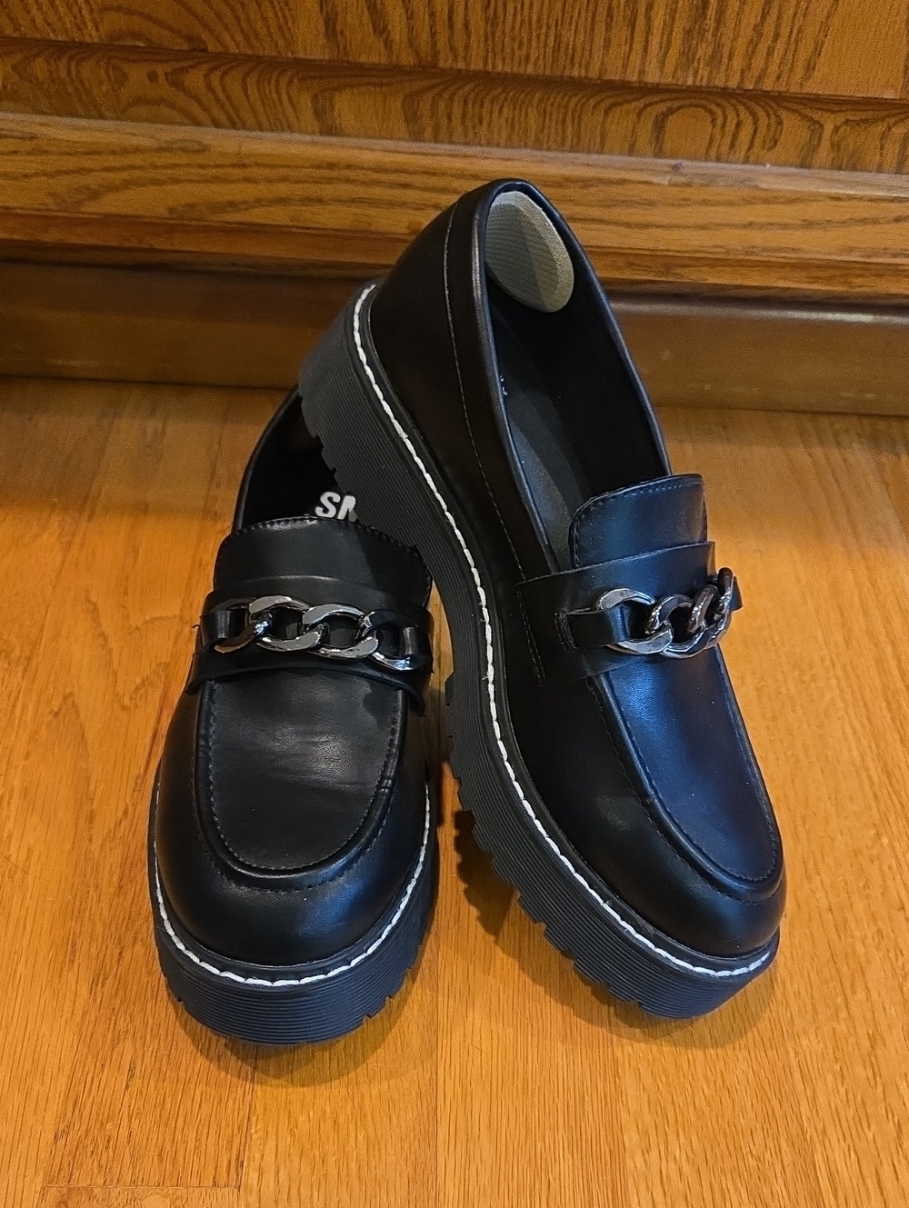 Steve Madden Black Lug Sole Hillary Chain Loafers